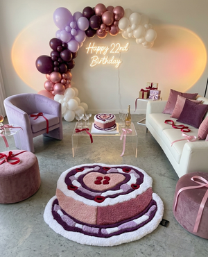 Birthday Cake tufted rug in pink, plum and lilac with a 22 on top, hand-tufted in Amman, Jordan thumbnail 1