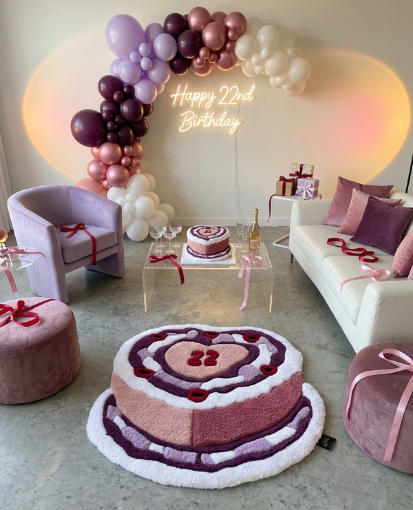 Birthday Cake tufted rug in pink, plum and lilac with a 22 on top, hand-tufted in Amman, Jordan